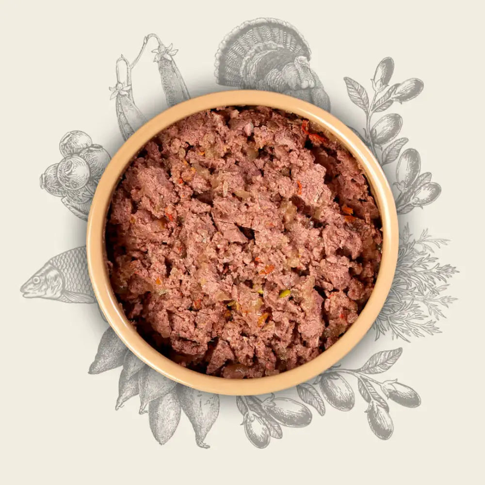 Eden wet food: freshly prepared turkey and herring in bowl with herbs