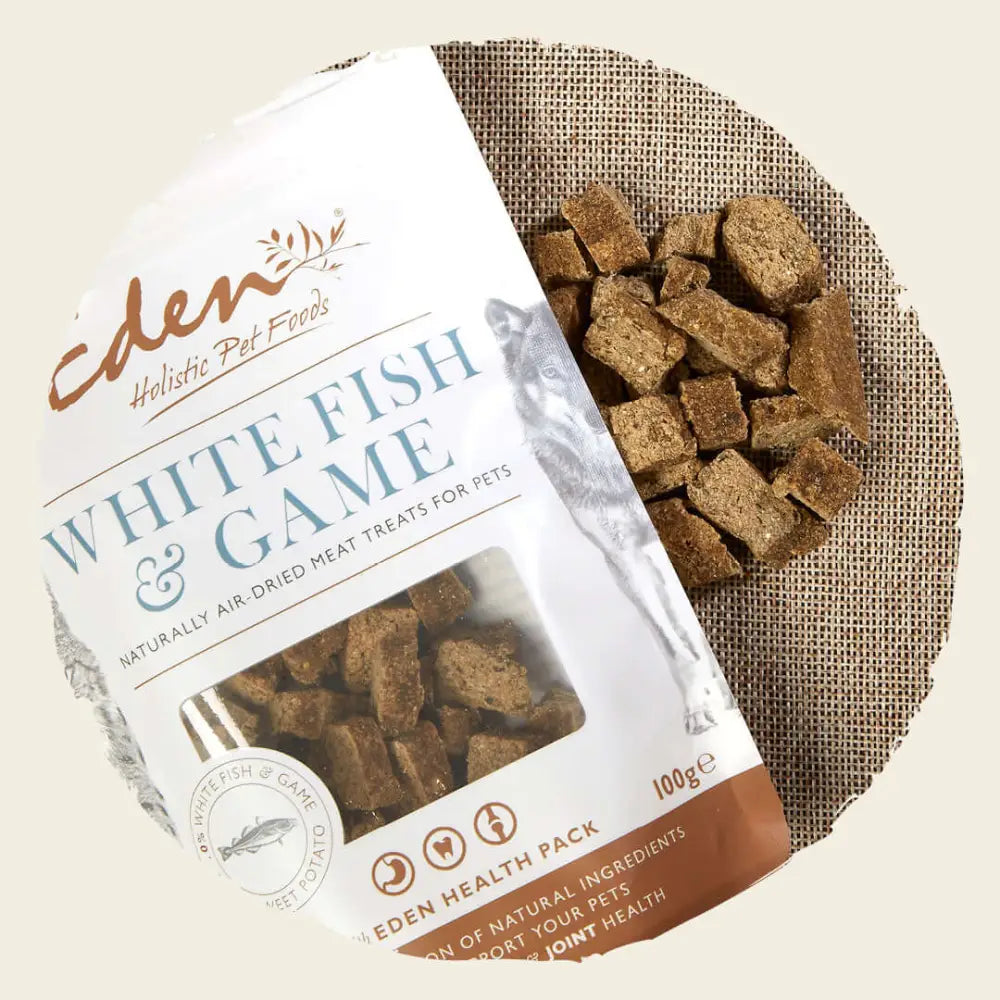 Eden White Fish and Game air-dried treats with sweet potato for digestive health