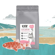 Salmon cat food bag with silver zipper and pink accents for Evie Natural Dry Cat Food with Whitefish and healthy weight