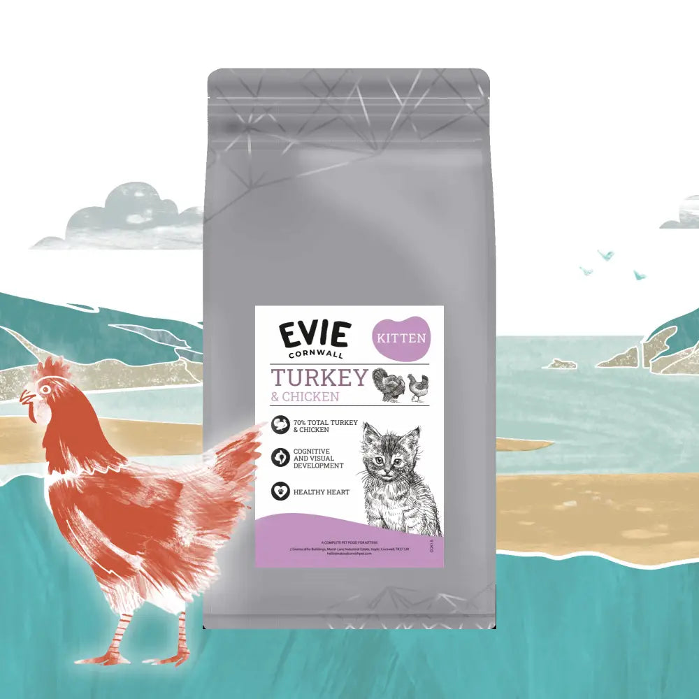 Evie Natural Dry Kitten Food bag with prepared deboned turkey and chicken flavor
