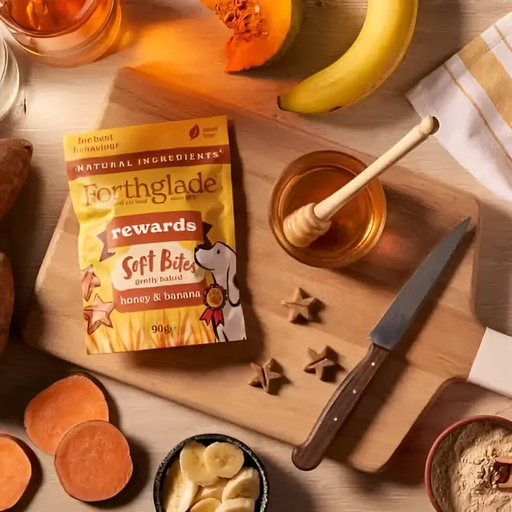Forthglade Functional Soft Bites Banana Honey dog treat bag with natural ingredients branding
