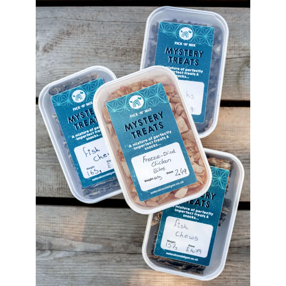 Mystery Treat Box with freeze-dried cat treats and fishy dog chews