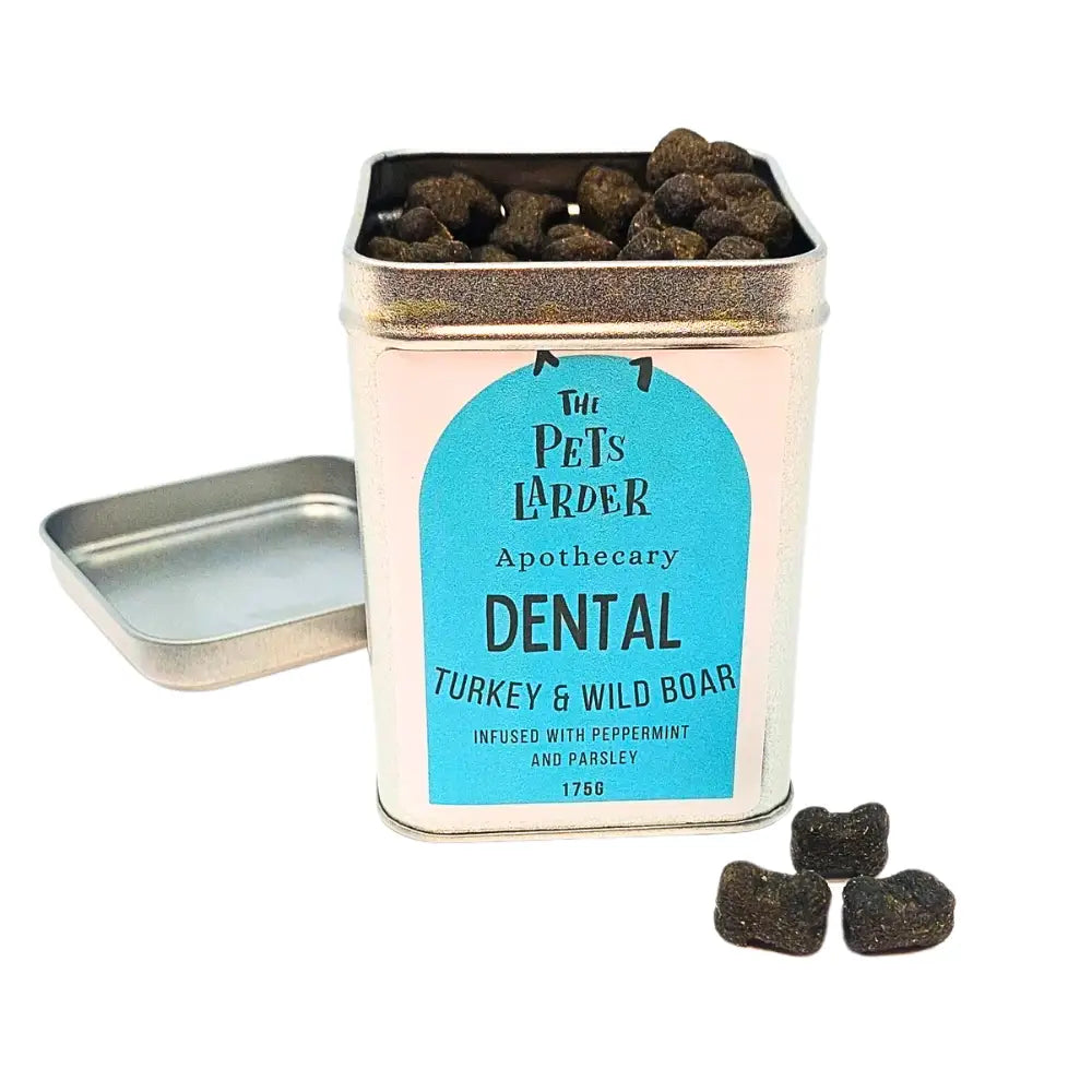 Pet dental tin of freshly prepared turkey and wild boar dog treats with silver lid
