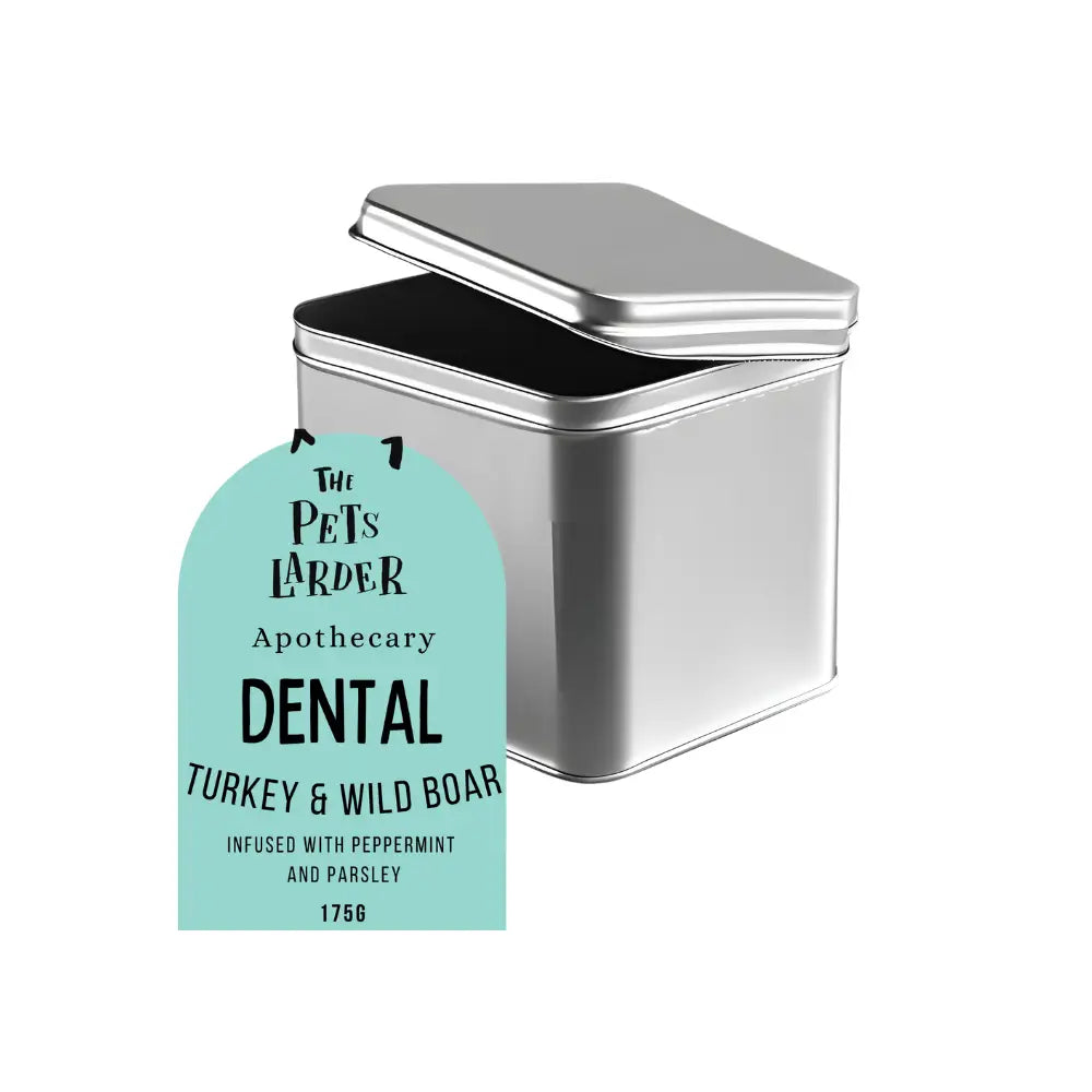 Silver tin of Fresh Turkey & Wild Boar Dog Treats with turquoise label