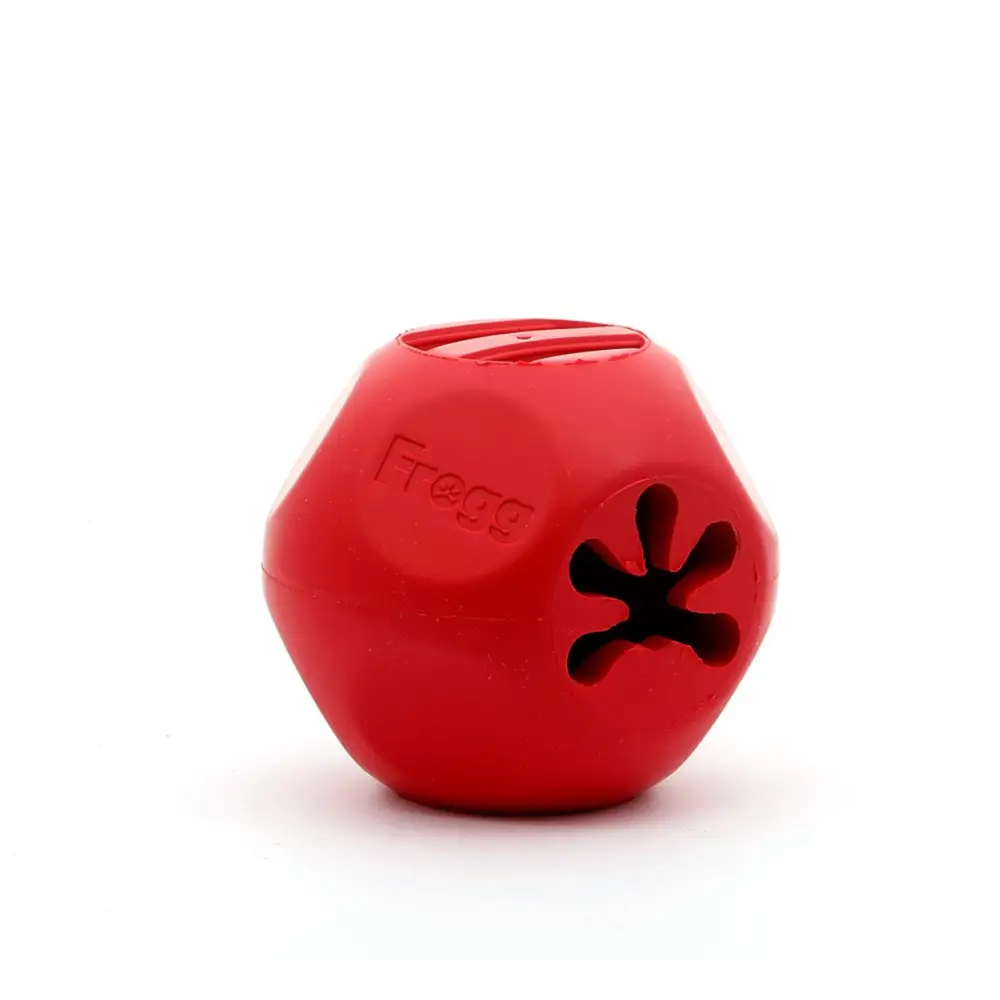 Small Frogg Bobbly Ball dog toy with red paw print and frogs design