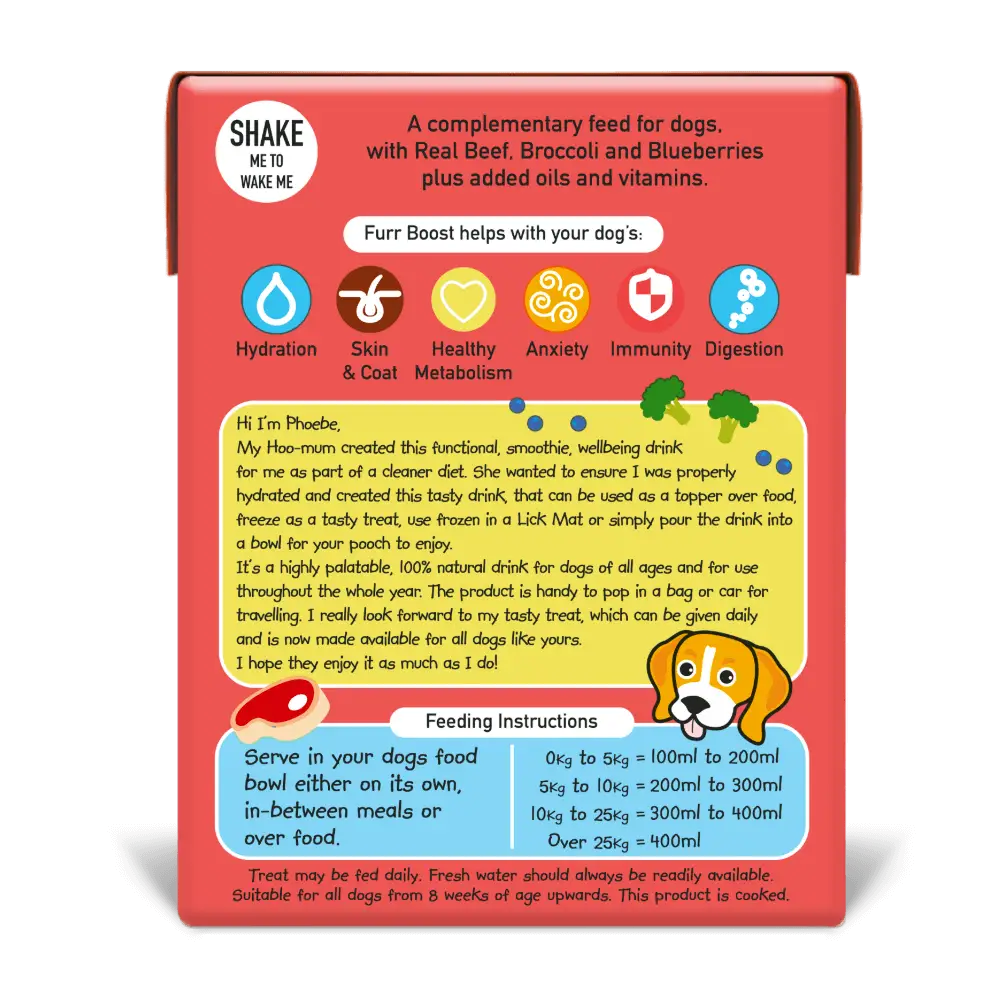 Furr Boost Dog Drink beef broccoli carton with red pouch and puppy