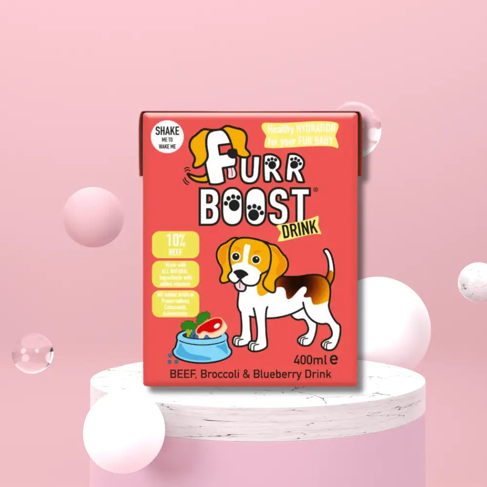 Furr Boost Dog Drink with beef broccoli flavor and beagle illustration