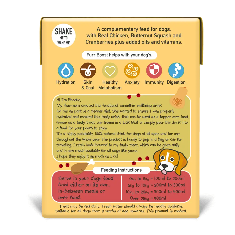 Furr Boost Dog Drink with chicken, butternut squash, and cranberry in 400ml carton