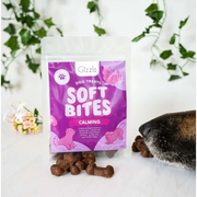 Gizzls Soft Bites calming dog treats with lavender, white paw prints, for separation stress