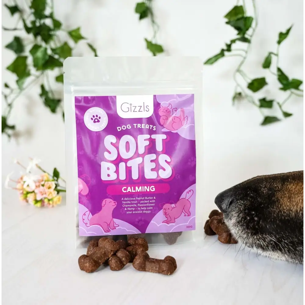 Gizzls Soft Bites calming dog treats with lavender, white paw prints, for separation stress