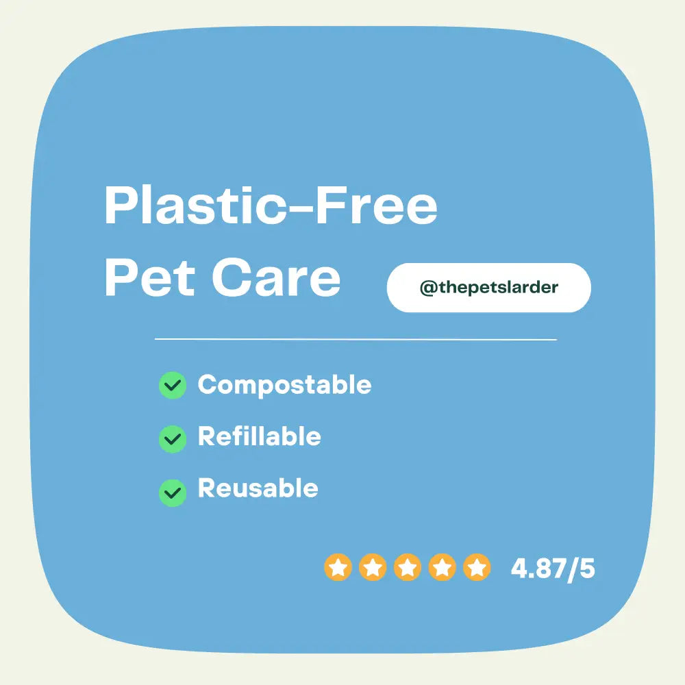 Blue plastic-free pet care sign for goat’s milk powder supporting healthy digestion and immunity