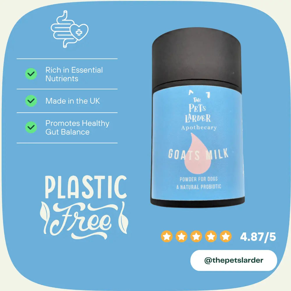 Blue and white goat’s milk powder container with black lid for healthy digestion in dogs