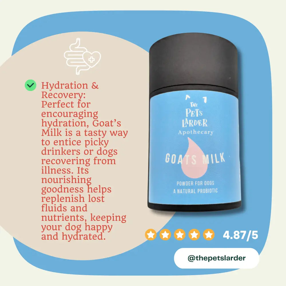 Blue jar of goat’s milk powder for dogs with natural probiotics and healthy digestion