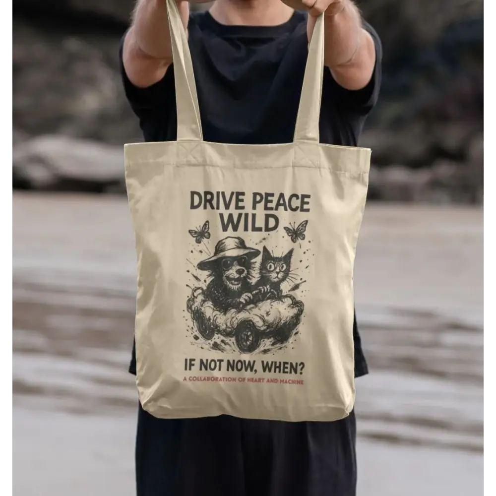 Cream-colored Gonzo Wild Tote bag with drive peace wild slogan and playful cat design