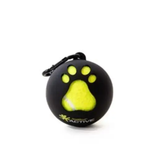 Black ball with yellow paw print and 'Active' branding on a white background