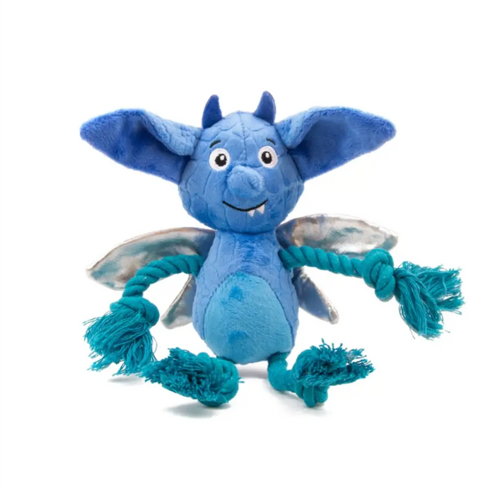 Blue Cornish Pixie dog toy sits on a white background