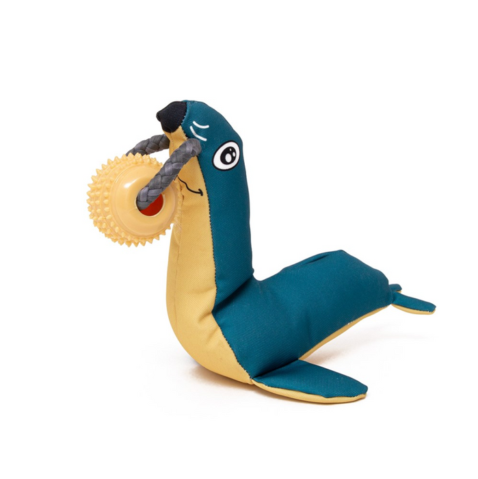 Teal and beige dog water toy with a textured ball on a white background