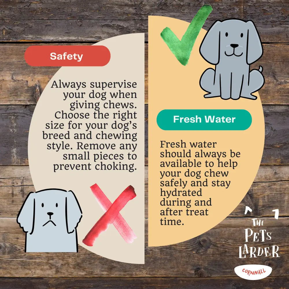 Safety chew guide for Green And Wilds Andy Bag of Anchovies with red cross and green checkmark