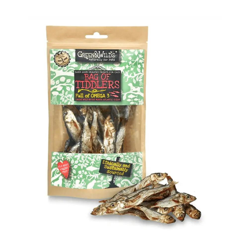 Green and Wilds Bag of Tiddlers small fish treats for cats maintain health teeth strong