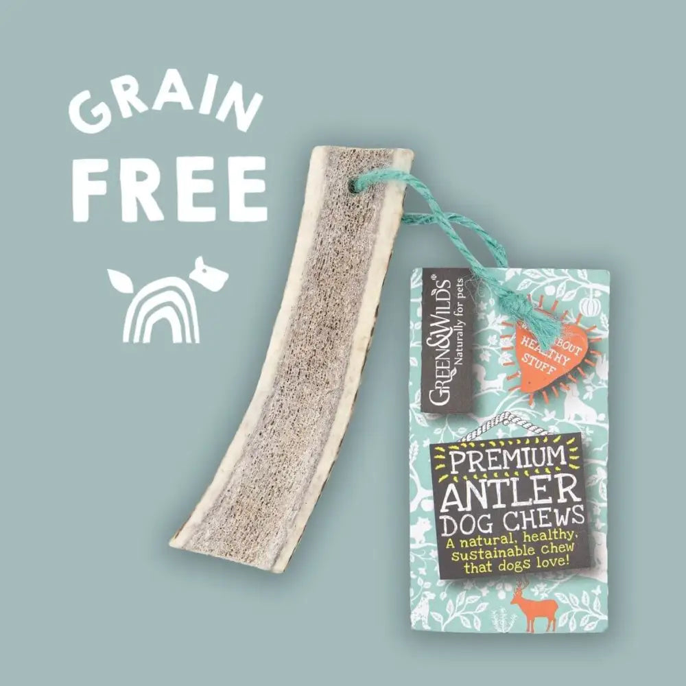 Premium Easy Antler dog chew in natural tan, sustainable, Green And Wilds packaging