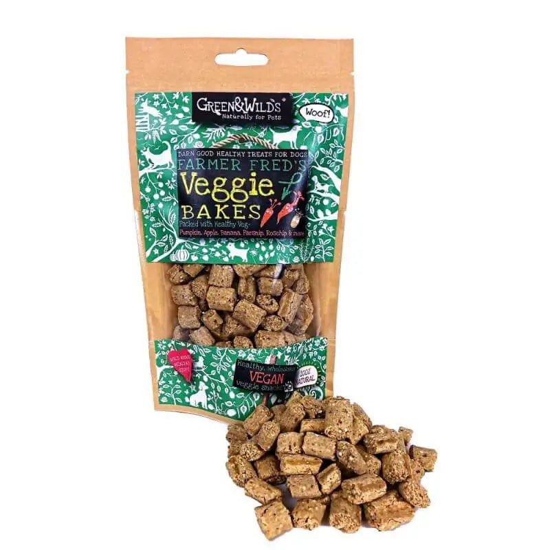 Green And Wilds Farmer Fred’s Veggie Bakes dog treats in clear plastic bag with green and white label