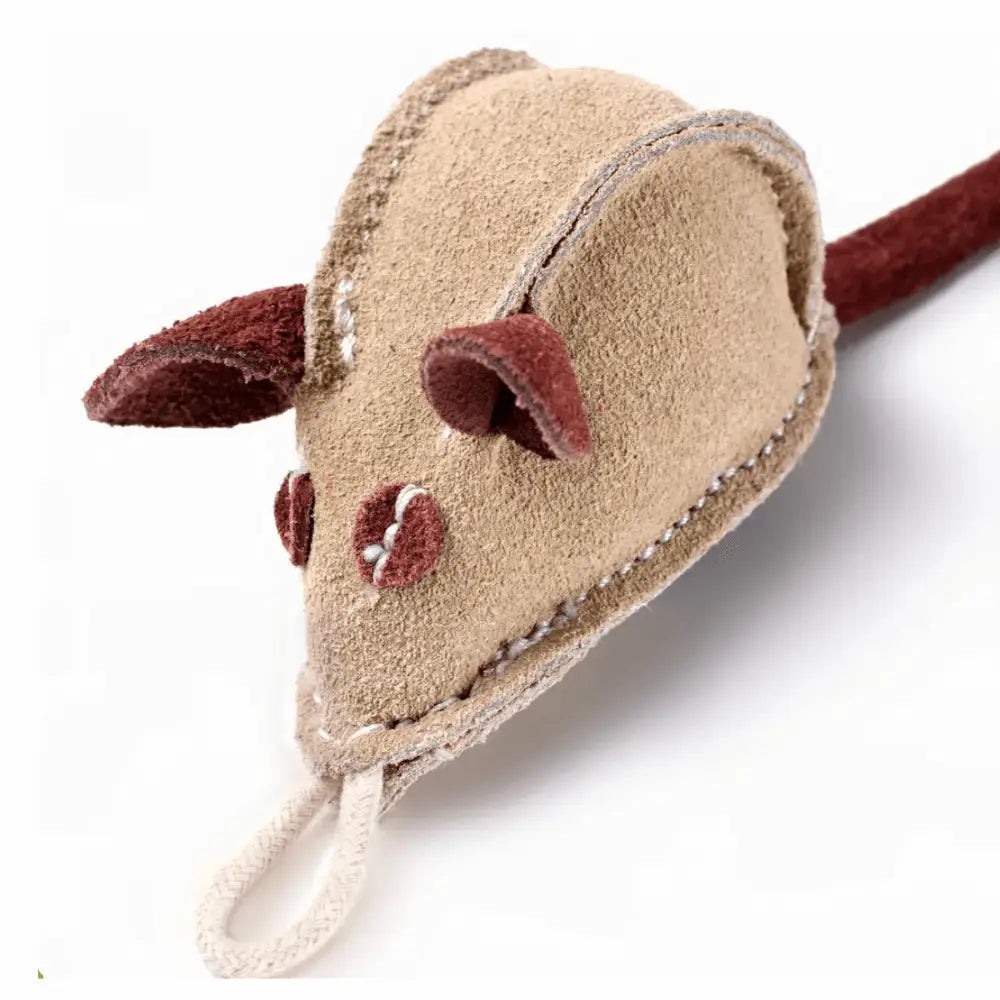 Green And Wilds Mike the Mouse eco toy: beige and maroon felt catnip mouse with red eyes and tail
