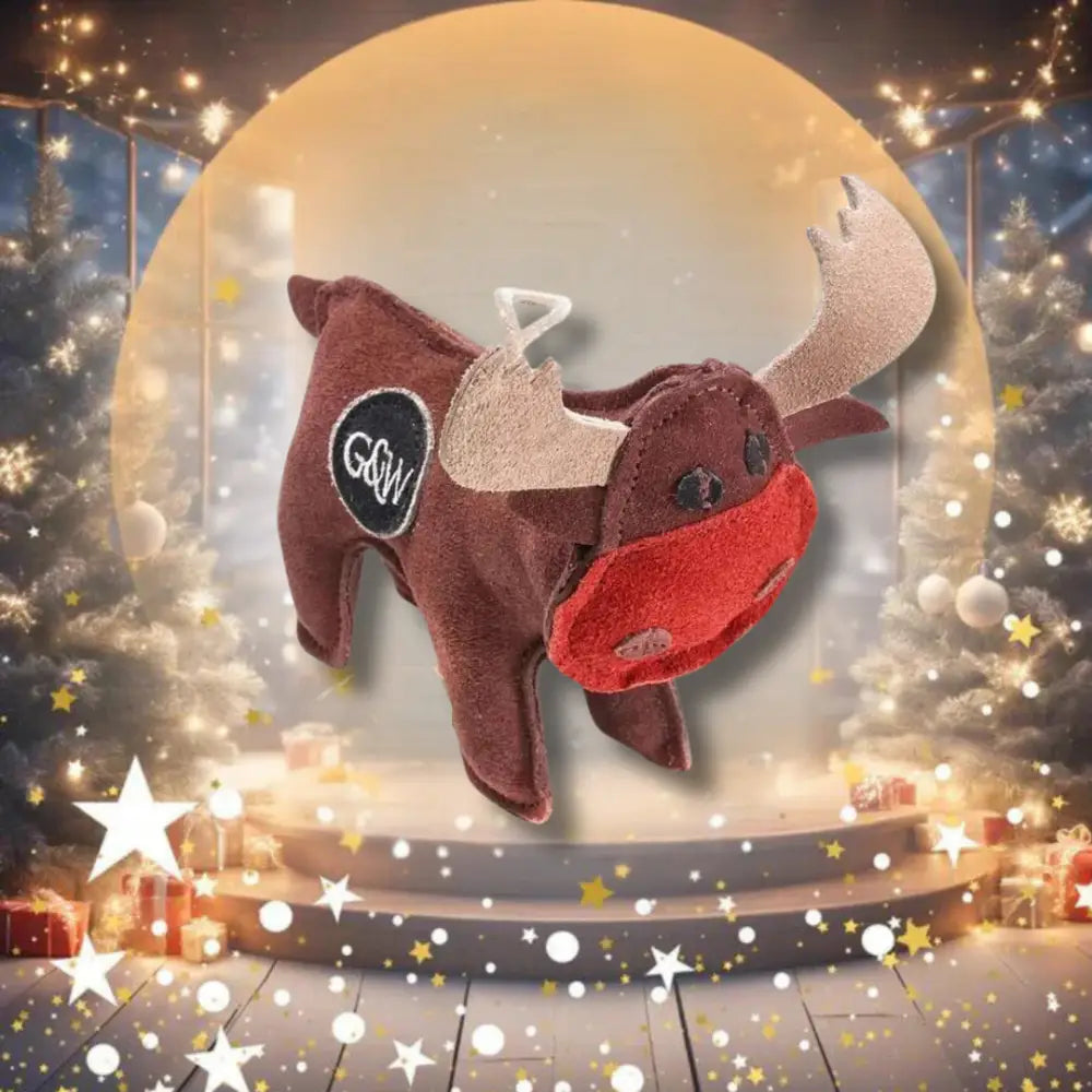 Rudy the Reindeer brown plush play toy with red antlers and Green And Wilds logo