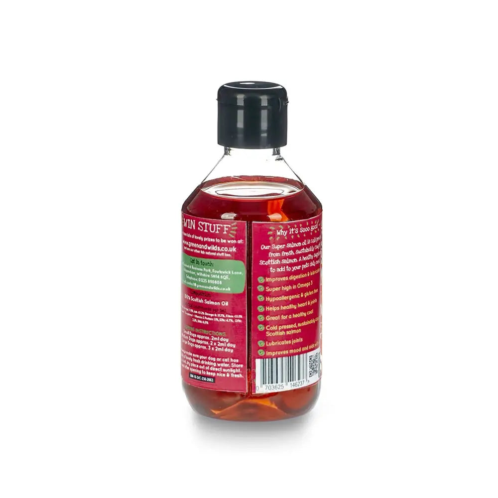 Red glass bottle of Green And Wilds Super Salmon Oil 250ml with fatty acids