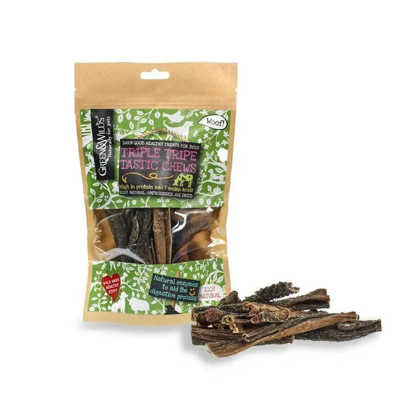 Green And Wilds Triple Tripe Tastic Chews bag with organic label