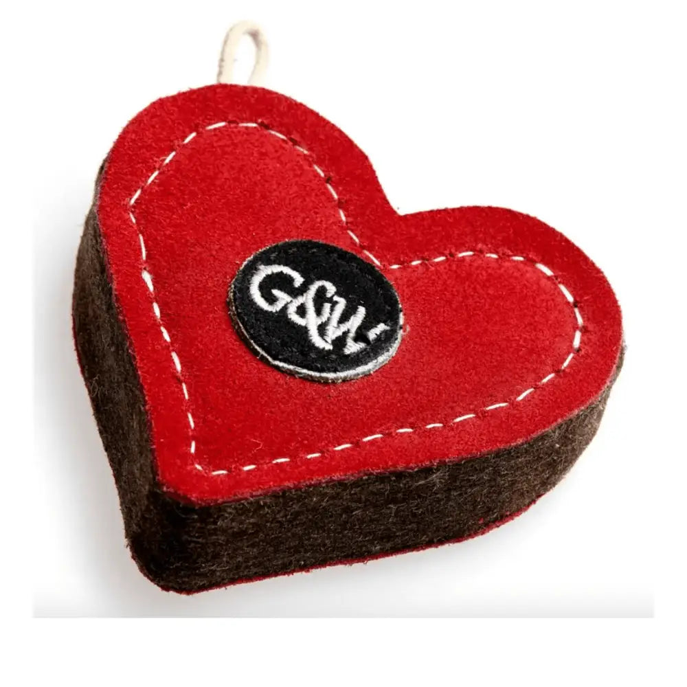 Red love heart made felt ornament with G&H logo from Green And Wilds Trudy Truelove eco toy