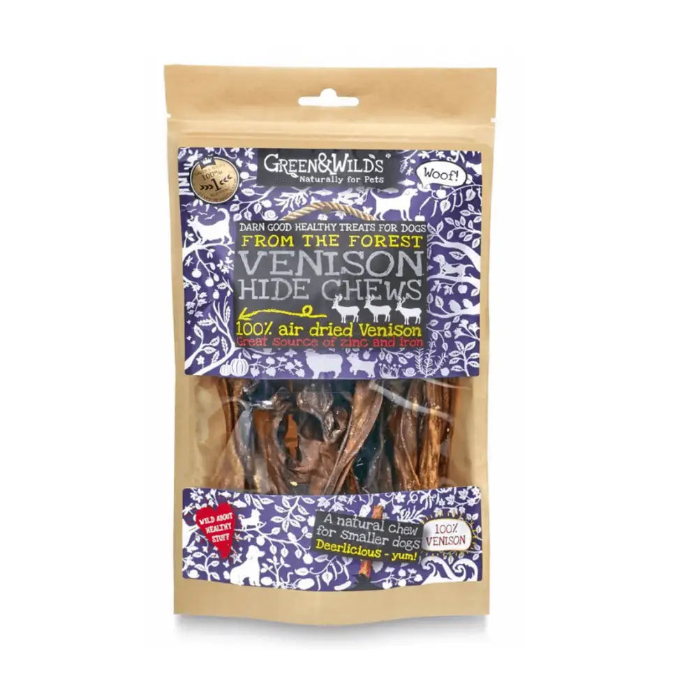 Green And Wilds Venison Hide Chew in natural tan packaging
