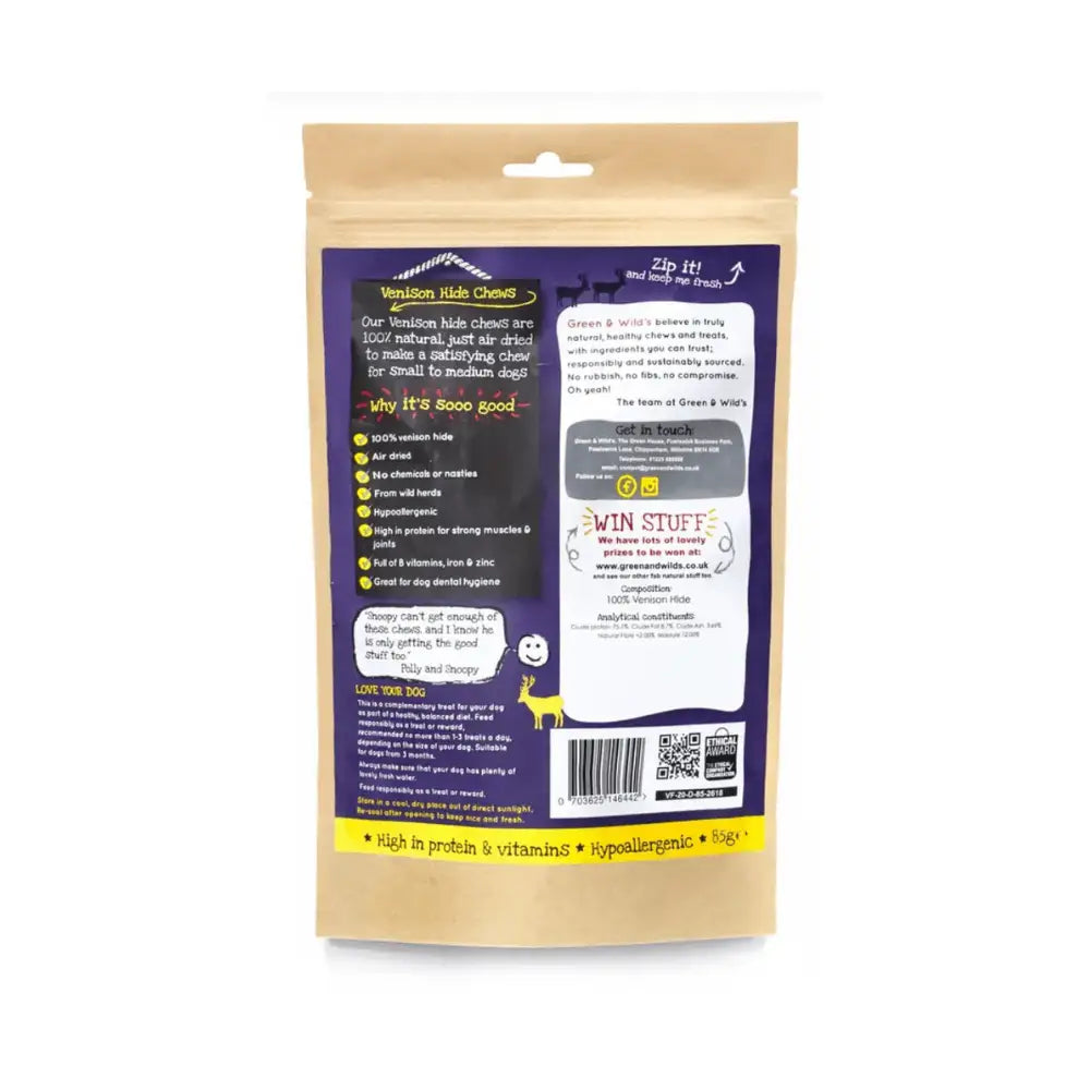 Green And Wilds venison hide chew in brown bag with deer label