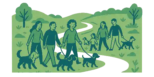 Illustration of people walking dogs in a park setting - natural pet shop community