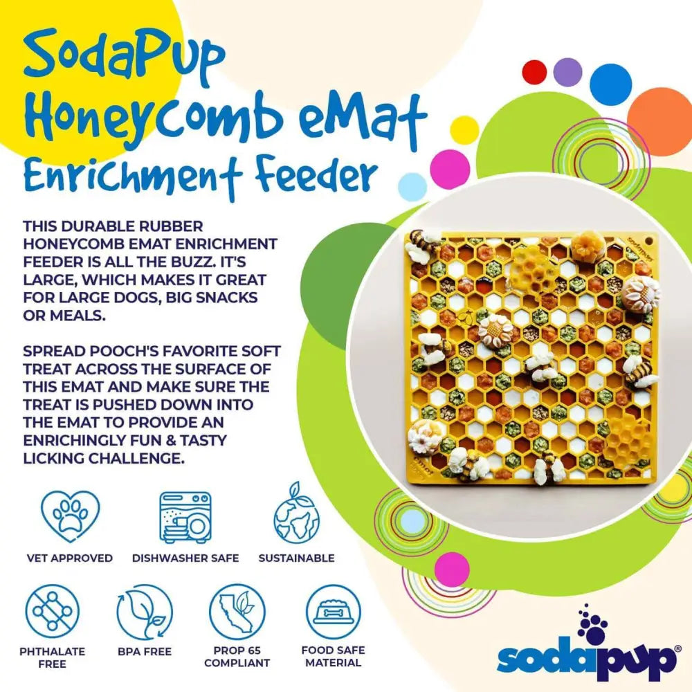 Sodapup Honeycomb Enrichment Licking Mat in vibrant yellow rubber with honeycomb pattern