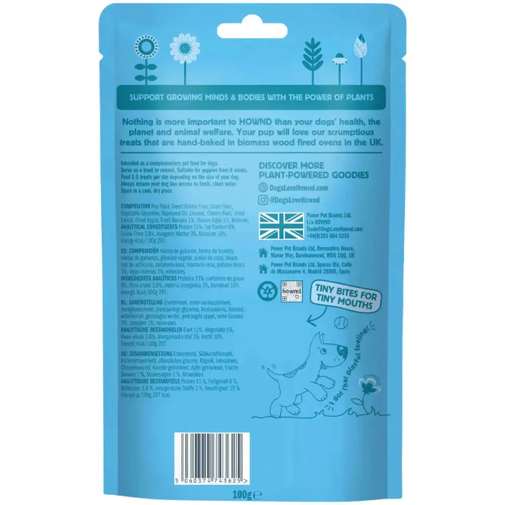 Hownd Playful Pup plant-based hypoallergenic dog treats bag with dinosaur design