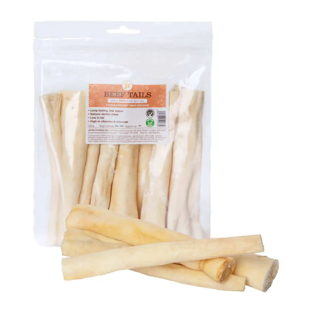 JR Pet Products Beef Tail 250g dog chew sticks in clear packaging