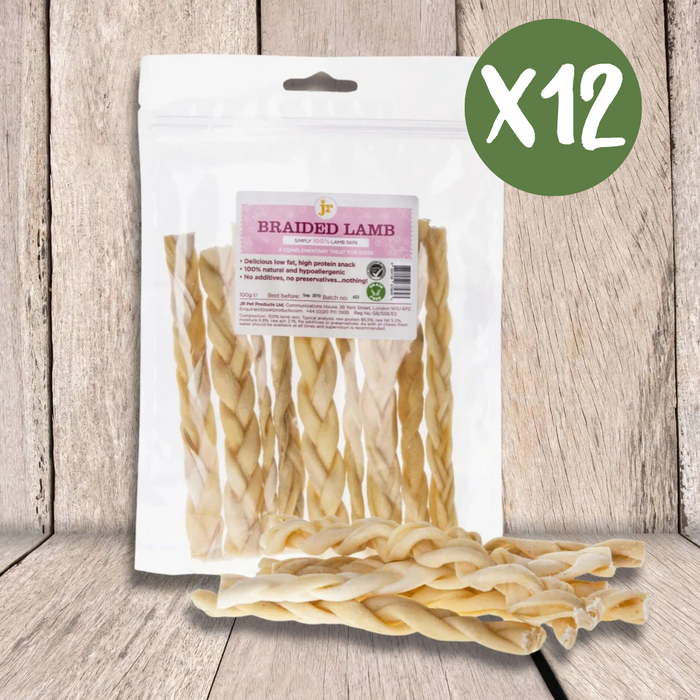 JR Pet Products Braided Lamb Case of 12 - Natural Dog Chew