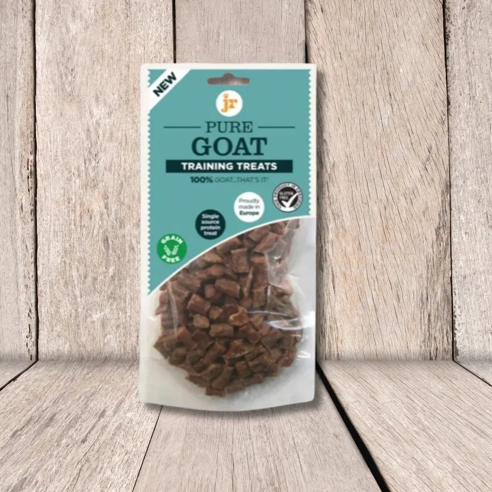 Pure goat training treats bag with teal label and brown contents from JR Pet Products