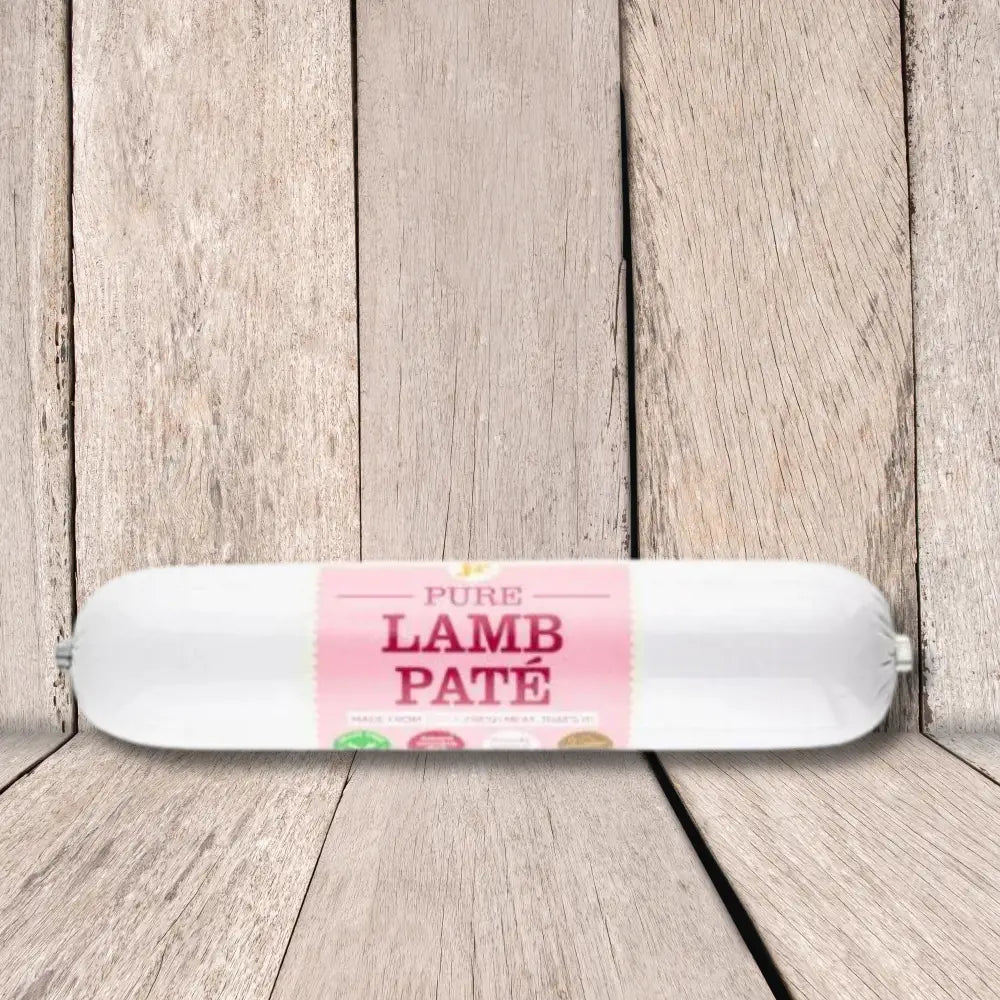 JR Pet Products Pure Lamb Pate 200g with white cylinder and pink label