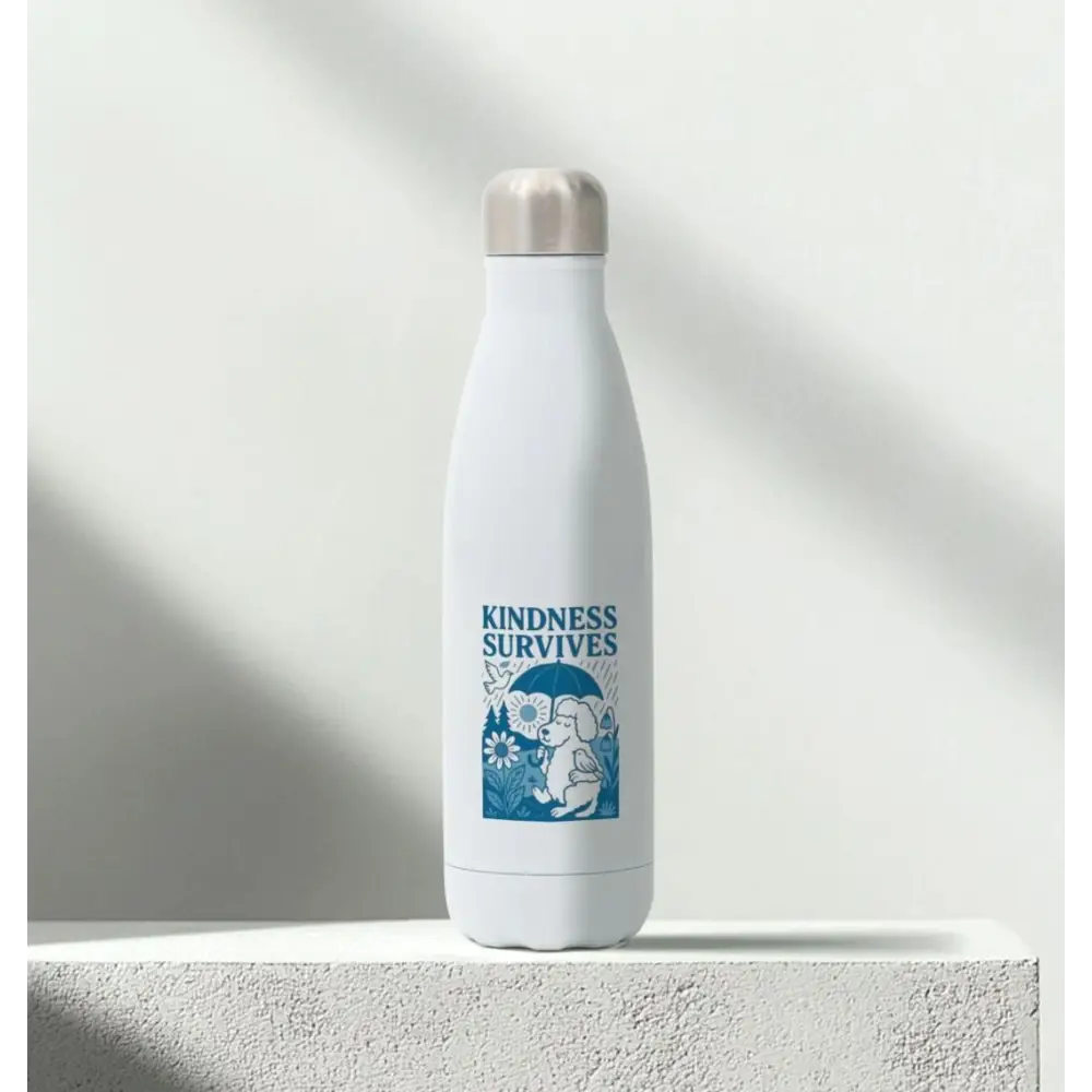 White insulated stainless steel water bottle with blue elephant design and kindness survives text