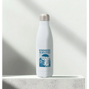 White insulated stainless steel water bottle with blue elephant design and kindness survives text