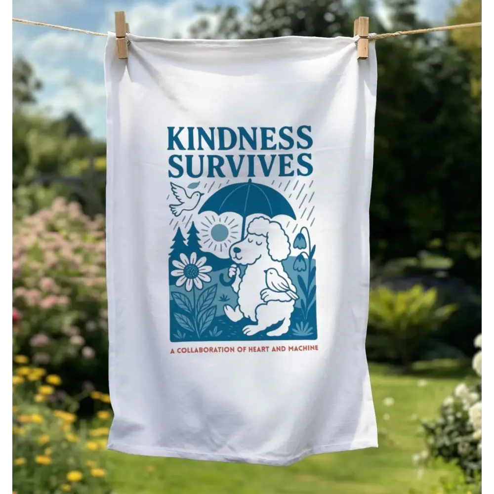 White tea towel with kindness survives bear design on organic cotton, hanging on clothesline