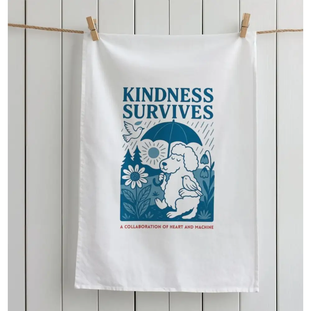 White tea towel with kindness survives design and dog holding umbrella on organic cotton