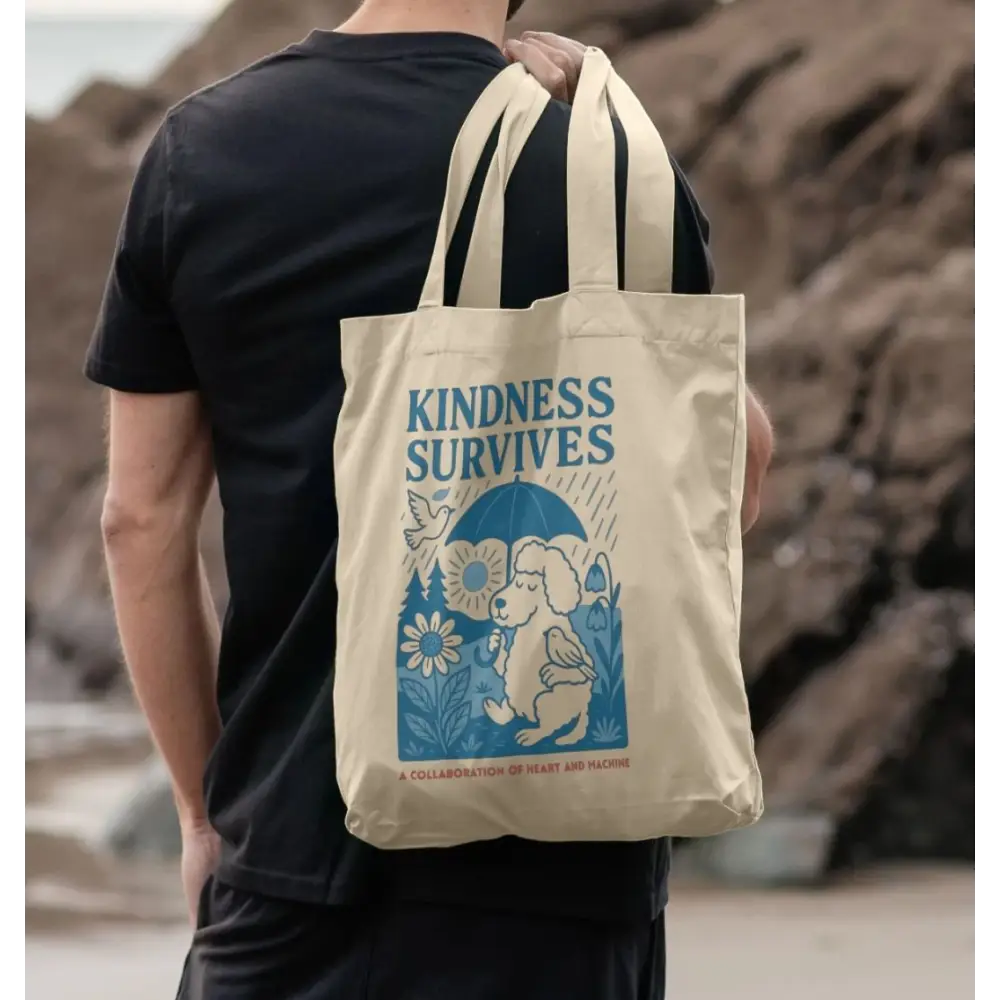 Cream-colored tote bag with elephant and bird design and kindness survives text front