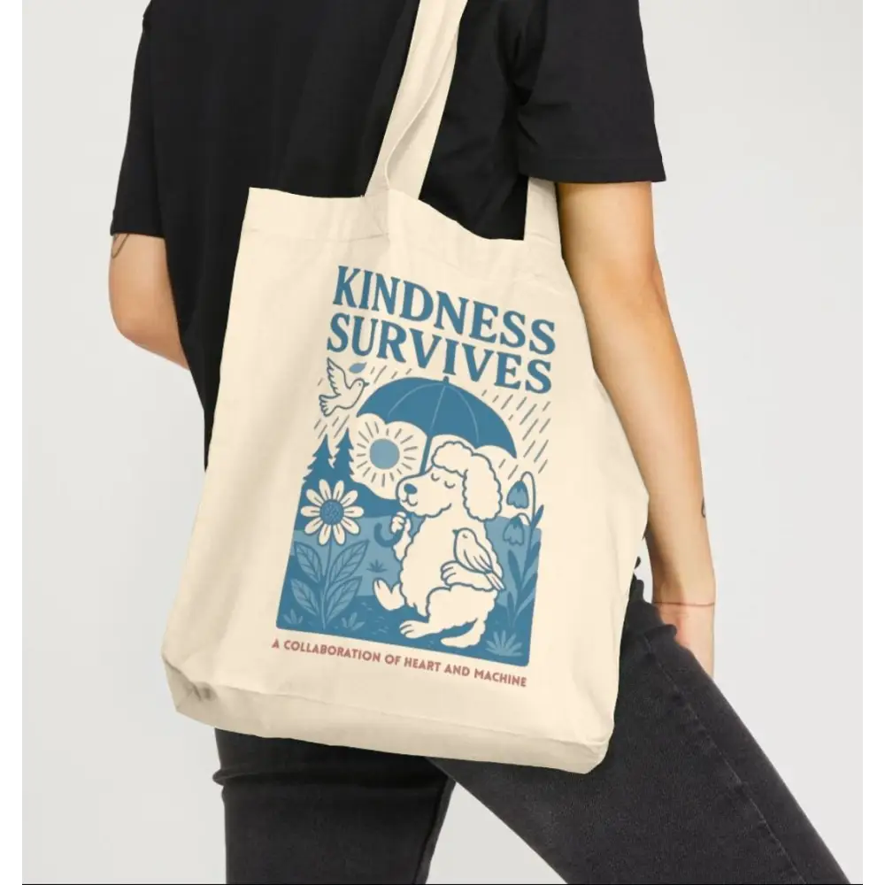 Canvas tote bag with kindness survives design featuring a dog holding an umbrella over flowers