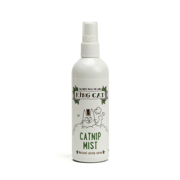 White spray bottle labeled 'King Cat Catnip Mist' on a white background