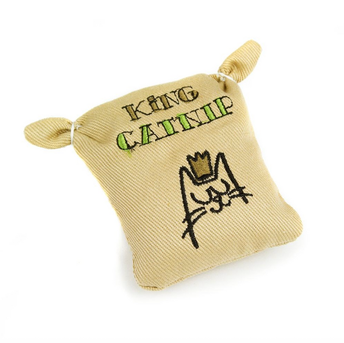 Beige catnip pouch with 'King Catnip' text and cat illustration on a white background