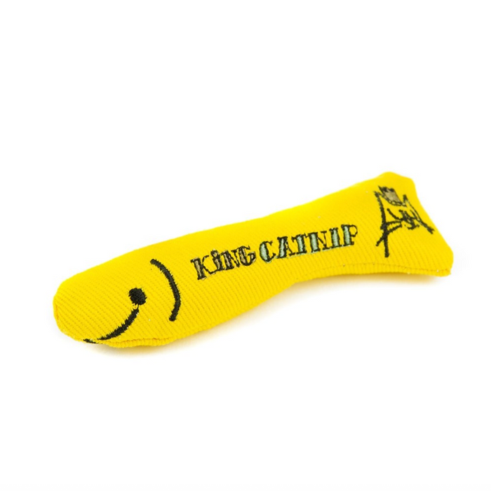 Yellow catnip toy with smiley face design on a white background