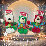 KONG Holiday Wild Knots Bear plush toy in festive red green sweater