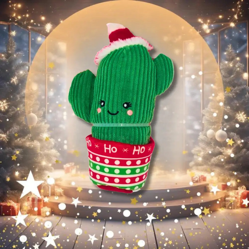 KONG Holiday Wrangler Cactus toy: green knitted plush with striped hat and ho ho pot